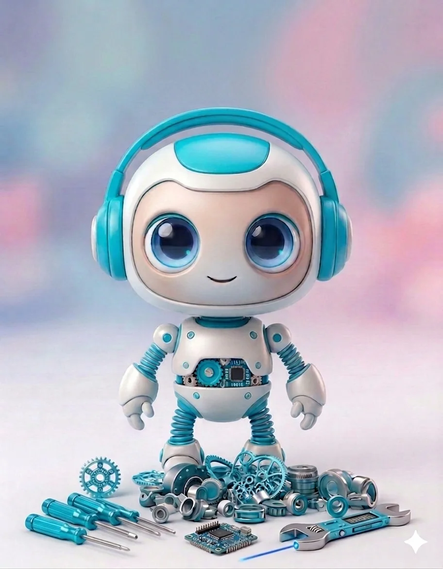 Grob, a small white and cyan robot wearing headphones, standing among gears, screwdrivers and disassembled parts.